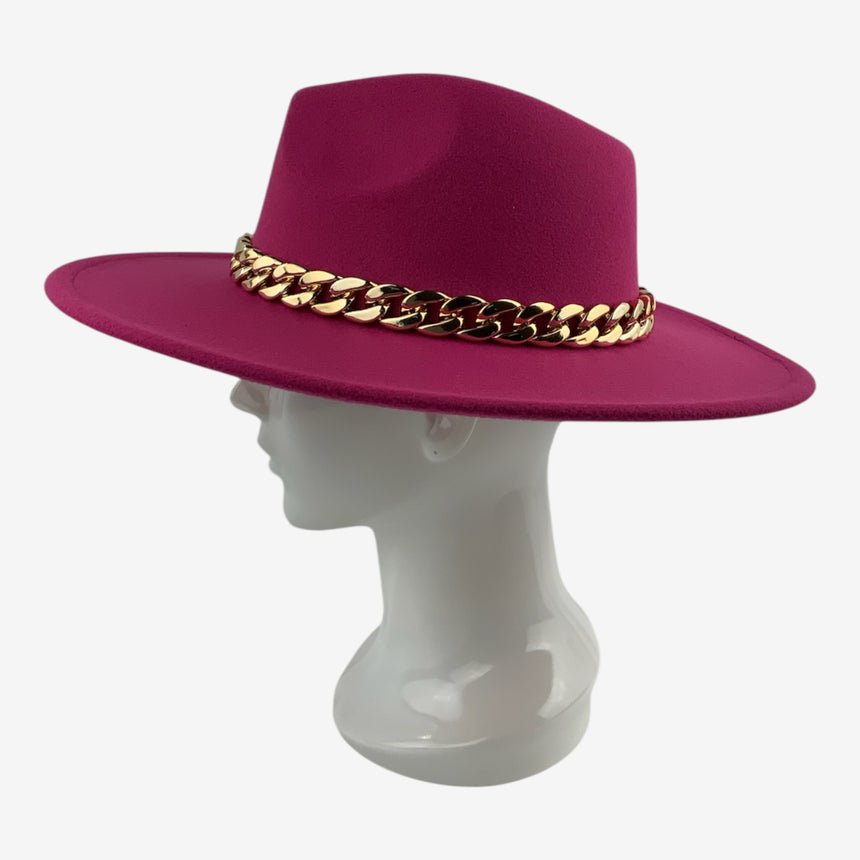 Structured Wide-Brim Wool Felt Fedora with Gold-Tone Chain Band | Hats