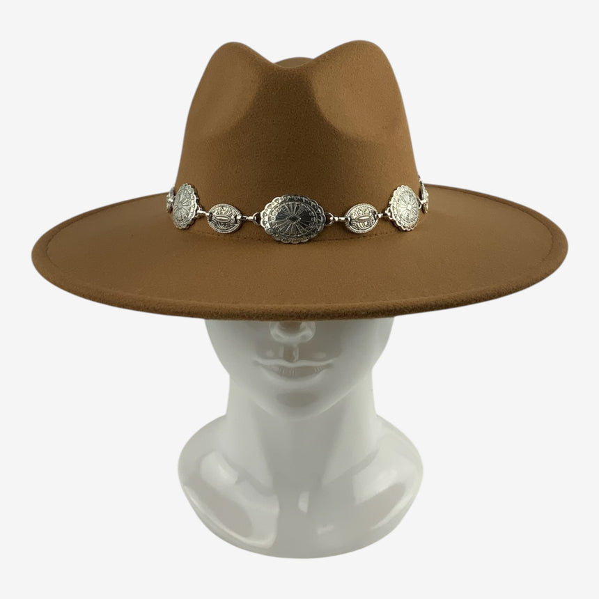 Wide-Brim Wool Felt Fedora with Silver Concho Band | Hats