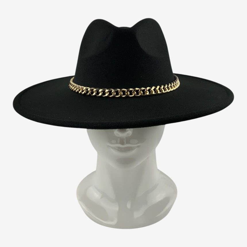 Wide-Brim Wool Felt Fedora with Slim Gold-Tone Chain | Hats