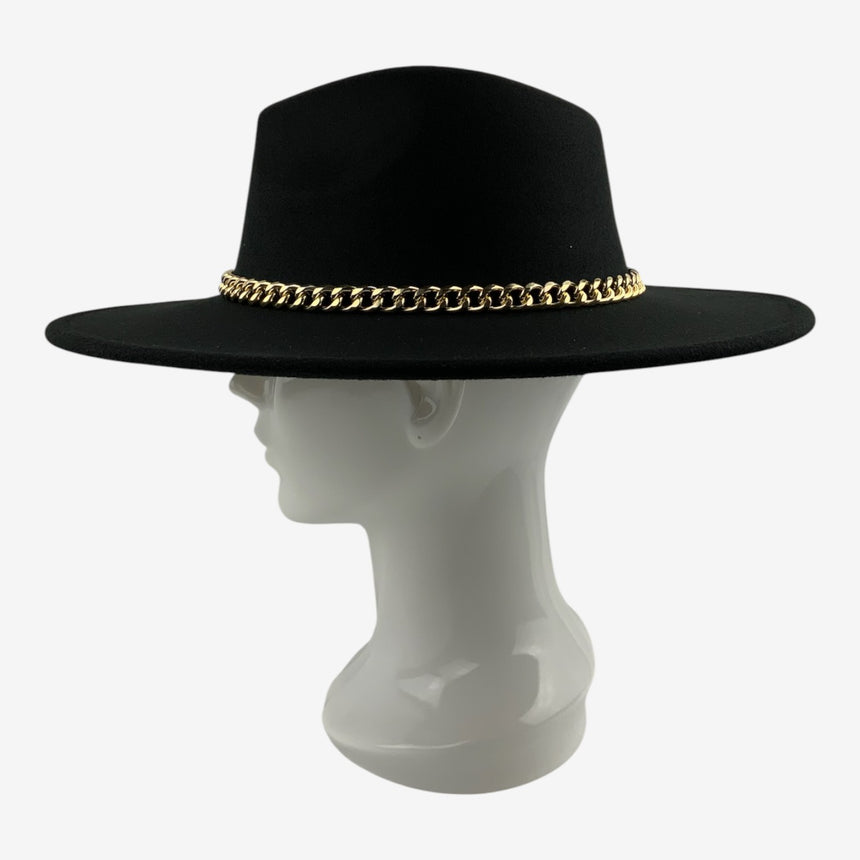 Wide-Brim Wool Felt Fedora with Slim Gold-Tone Chain | Hats