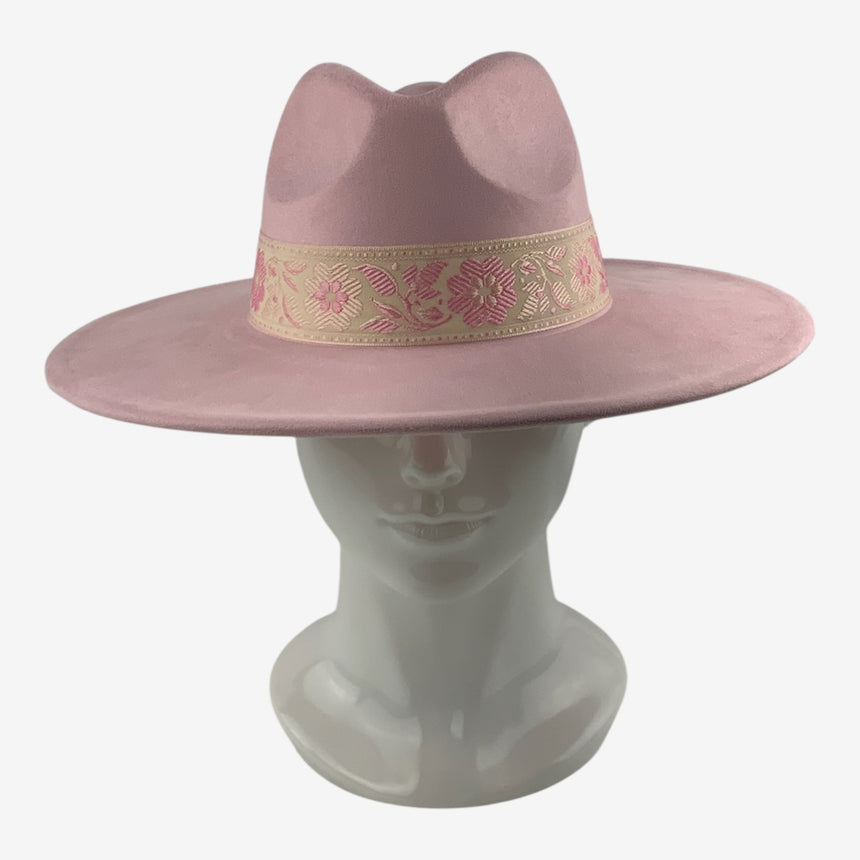 Wide-Brim Wool Felt Fedora with Embroidered Floral Ribbon, Pastel Pink | Hats