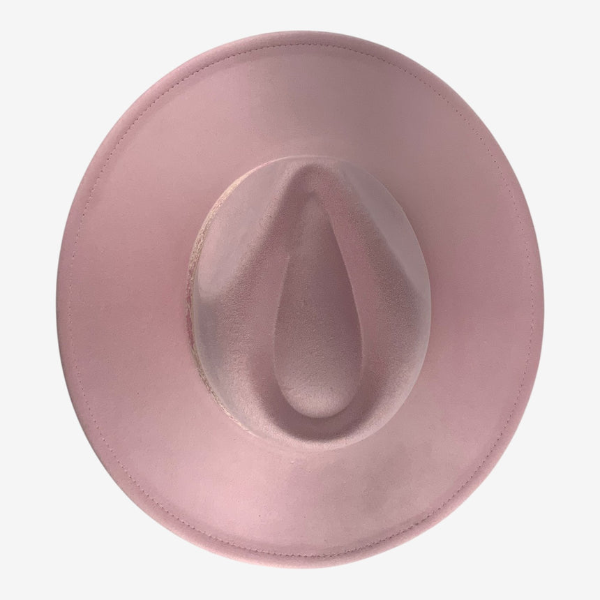 Wide-Brim Wool Felt Fedora with Embroidered Floral Ribbon, Pastel Pink | Hats