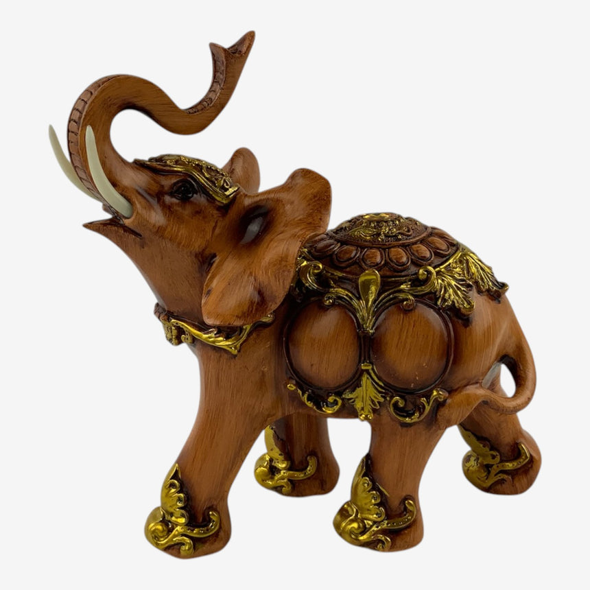 Ornate Resin Elephant Figurine — Carved Wood Finish, Gold Accents | Home Decor