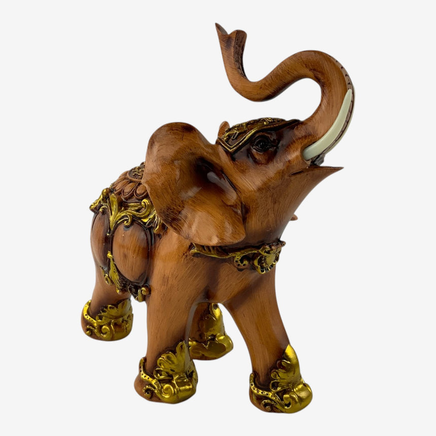 Ornate Resin Elephant Figurine — Carved Wood Finish, Gold Accents | Home Decor