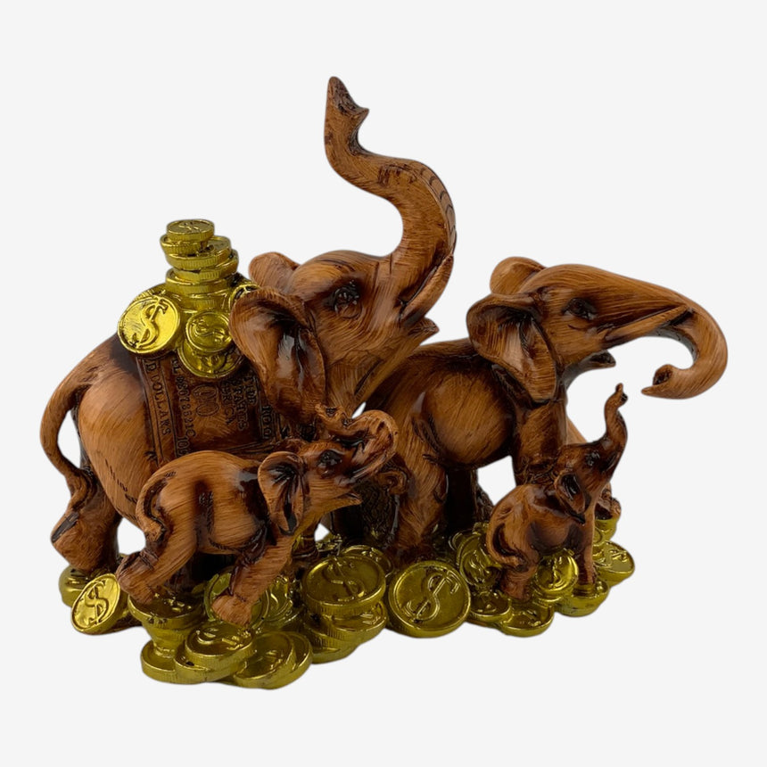 Elephant Family Figurine — Carved Wood, Gold Coins | Home Decor