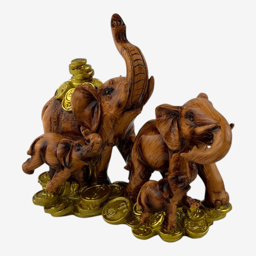 Elephant Family Figurine — Carved Wood, Gold Coins | Home Decor