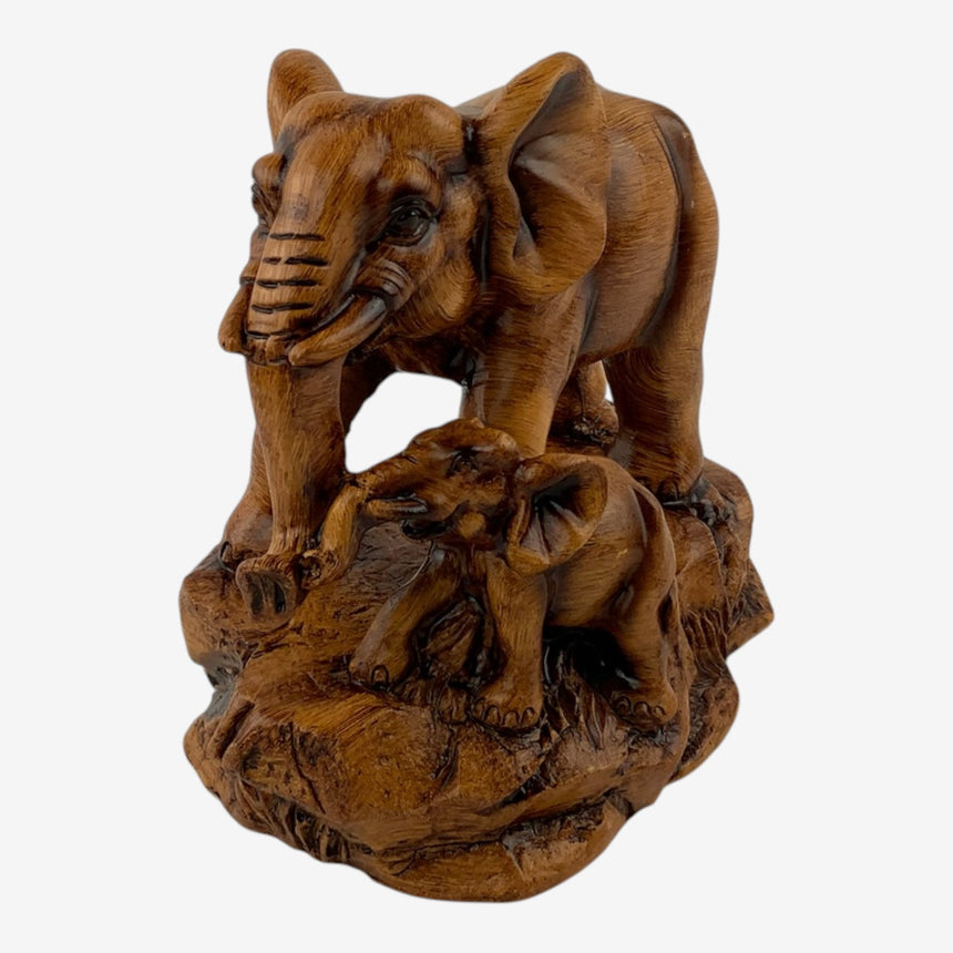Carved Wooden Elephant Family Figurine, Mother & Calf | Home Decor