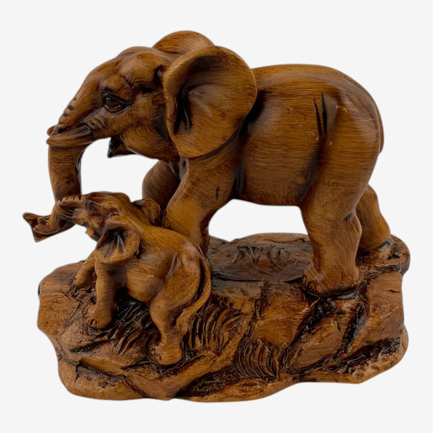 Carved Wooden Elephant Family Figurine, Mother & Calf | Home Decor