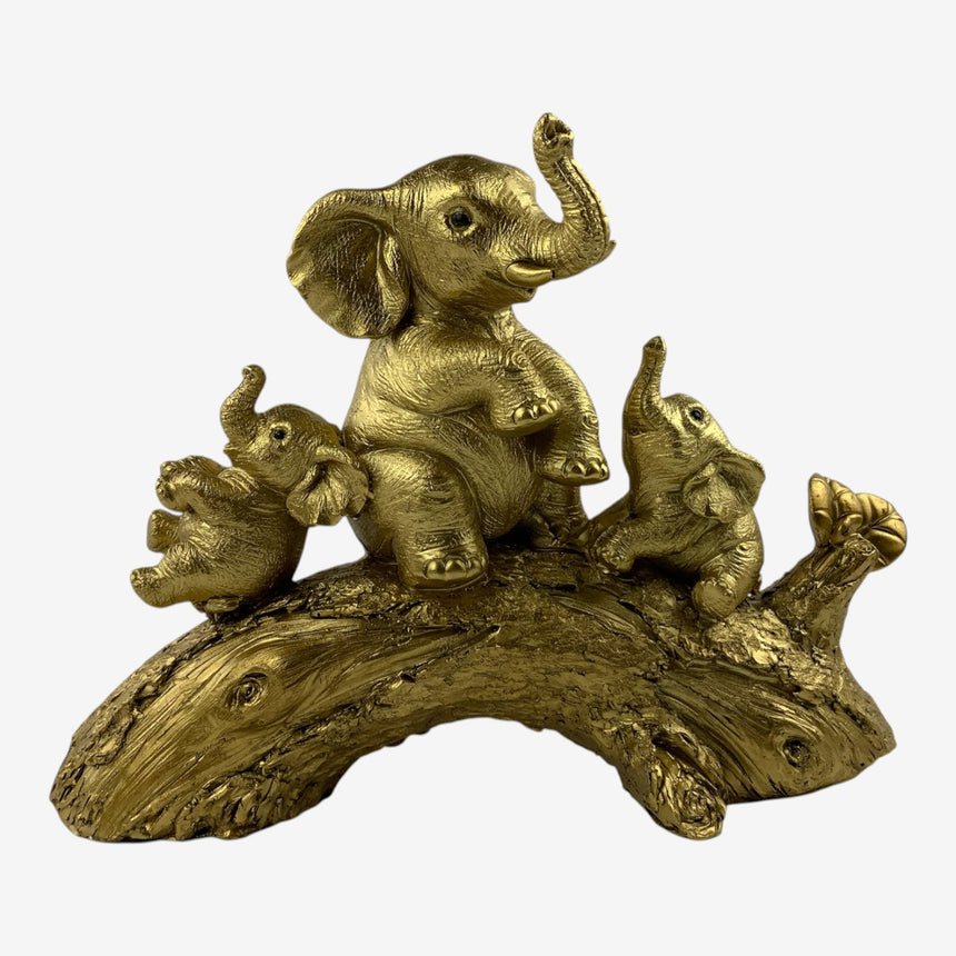 Gold-Tone Elephant Family Figurine on Tree Branch | Home Decor
