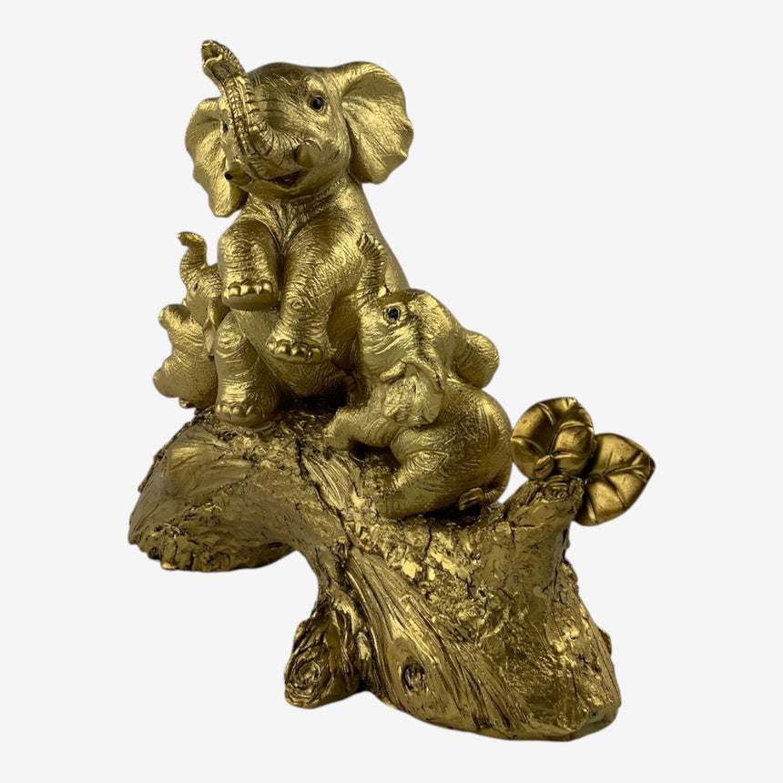 Gold-Tone Elephant Family Figurine on Tree Branch | Home Decor