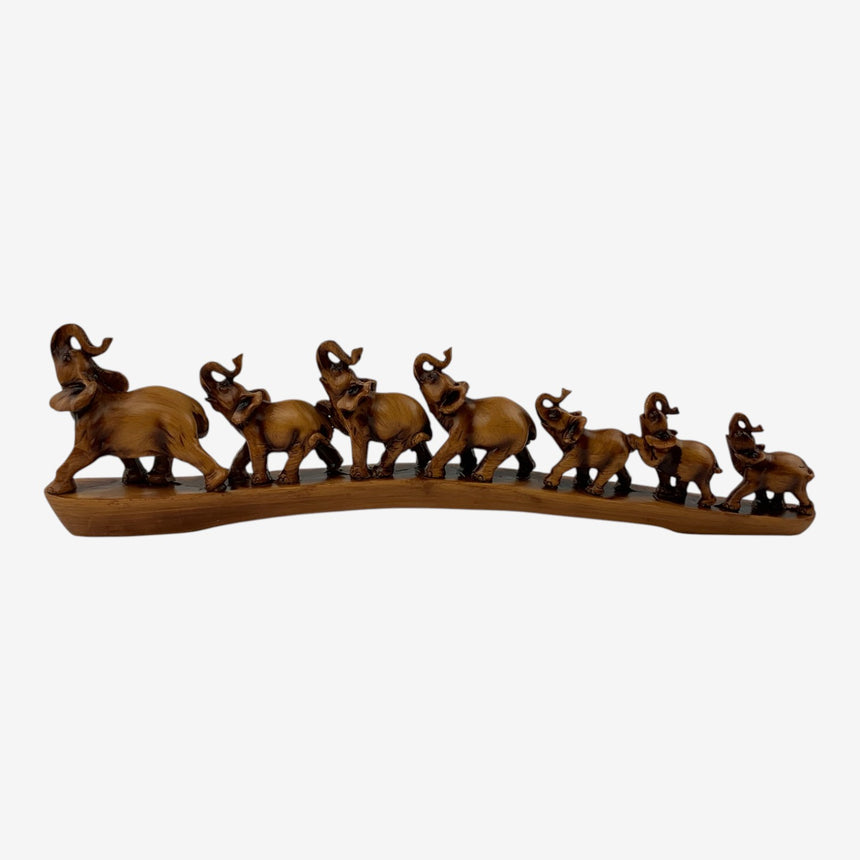 Carved Wood Elephant Family Sculpture — Curved Base | Home Decor