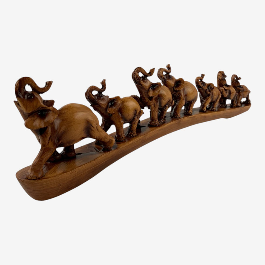 Carved Wood Elephant Family Sculpture — Curved Base | Home Decor