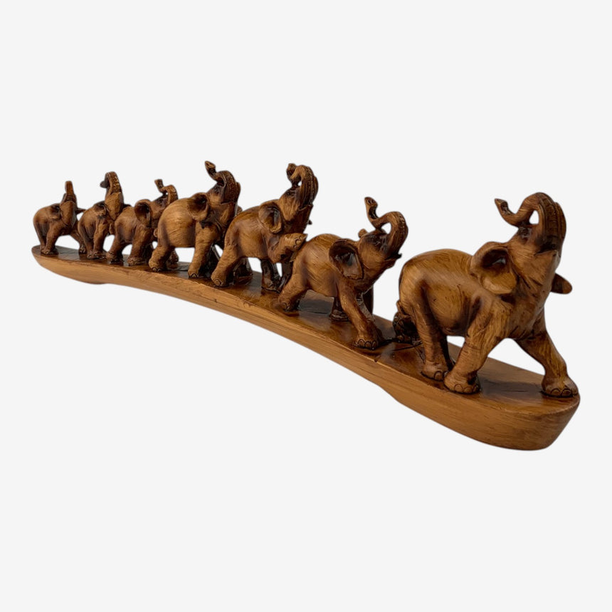 Carved Wood Elephant Family Sculpture — Curved Base | Home Decor