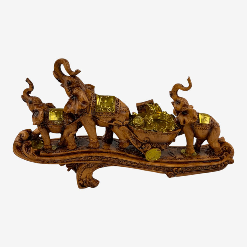 Carved Wood Elephant Procession with Coin Cart Statue | Home Decor