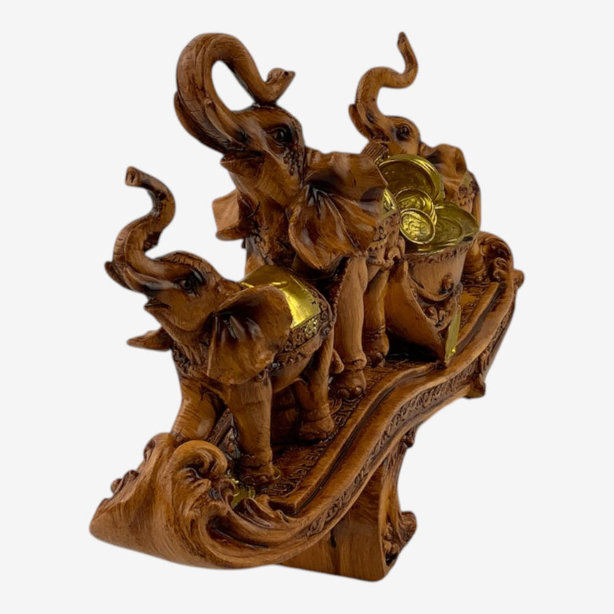 Carved Wood Elephant Procession with Coin Cart Statue | Home Decor