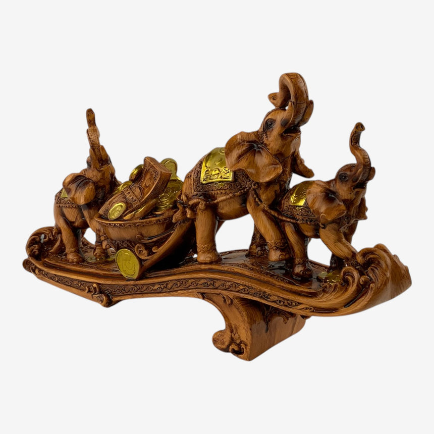 Carved Wood Elephant Procession with Coin Cart Statue | Home Decor