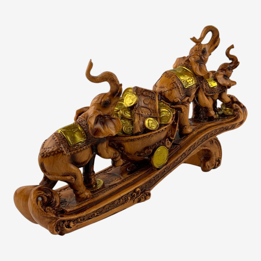 Carved Wood Elephant Procession with Coin Cart Statue | Home Decor
