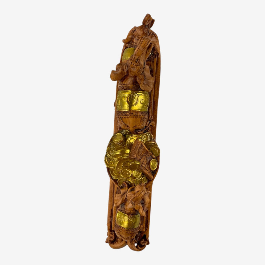 Carved Wood Elephant Procession with Coin Cart Statue | Home Decor