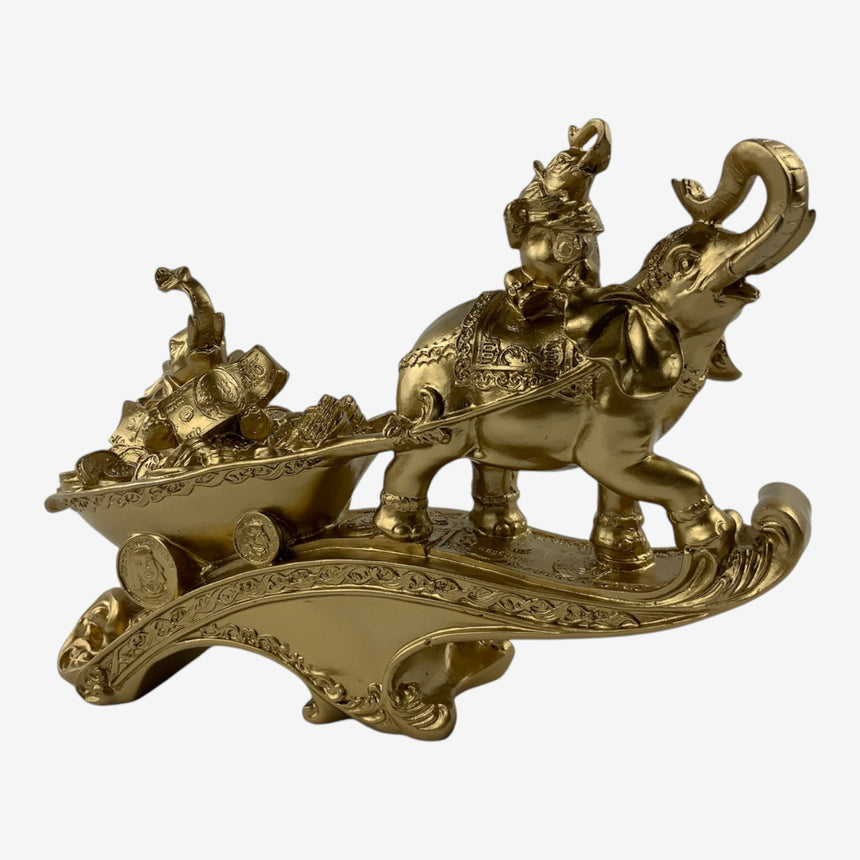 Gold-Tone Polyresin Elephant Cart Figurine with Coins | Home Decor