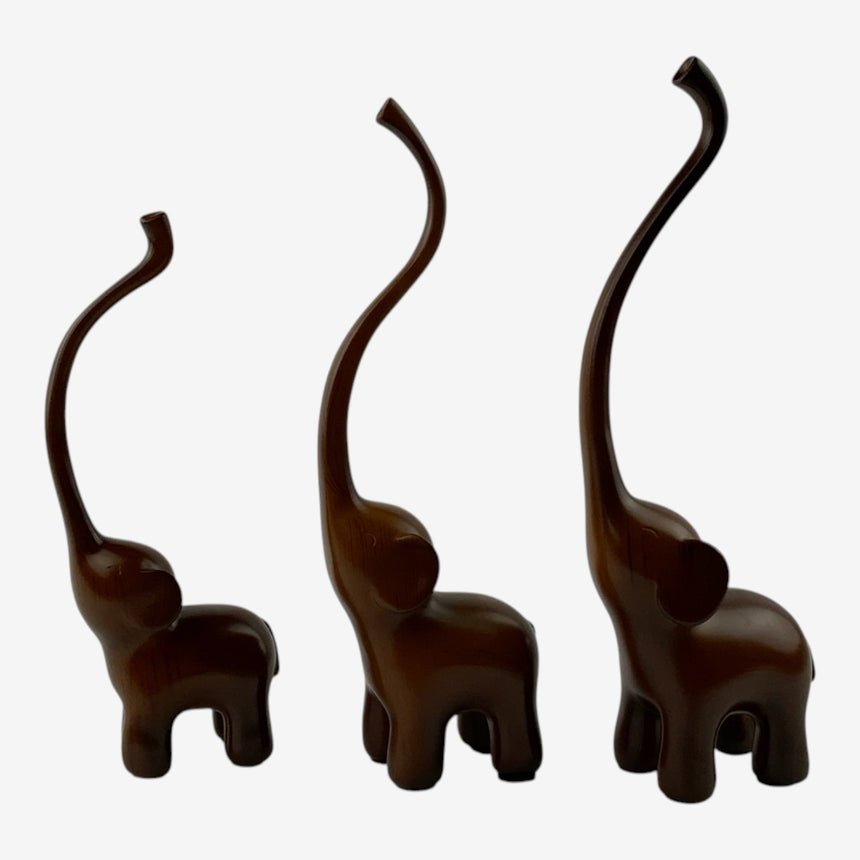 Minimalist Carved Wood Elephant Trio — Long Trunk Set | Home Decor