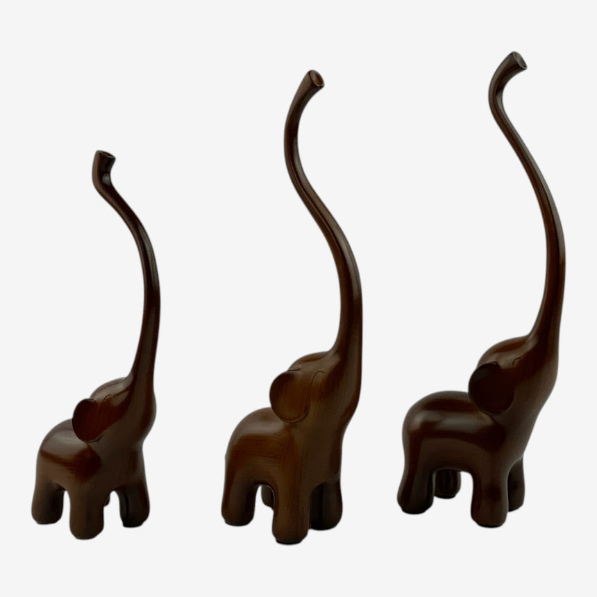 Minimalist Carved Wood Elephant Trio — Long Trunk Set | Home Decor