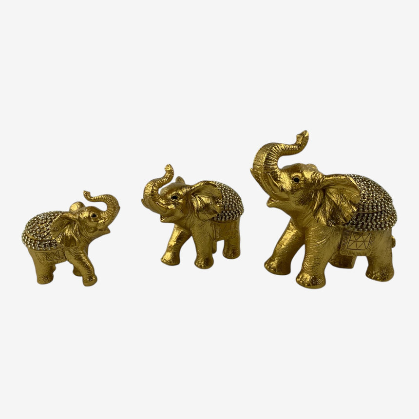 Gold Elephant Figurine Trio with Crystal Saddles | Home Decor