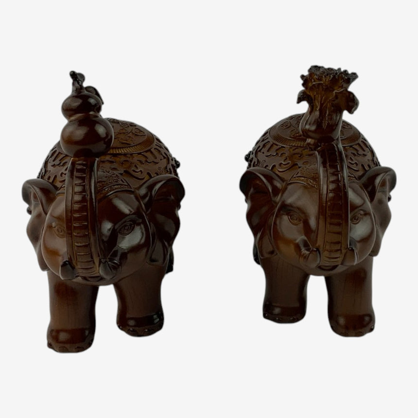 Ornate Brown Elephant Figurines — Carved Wood | Home Decor