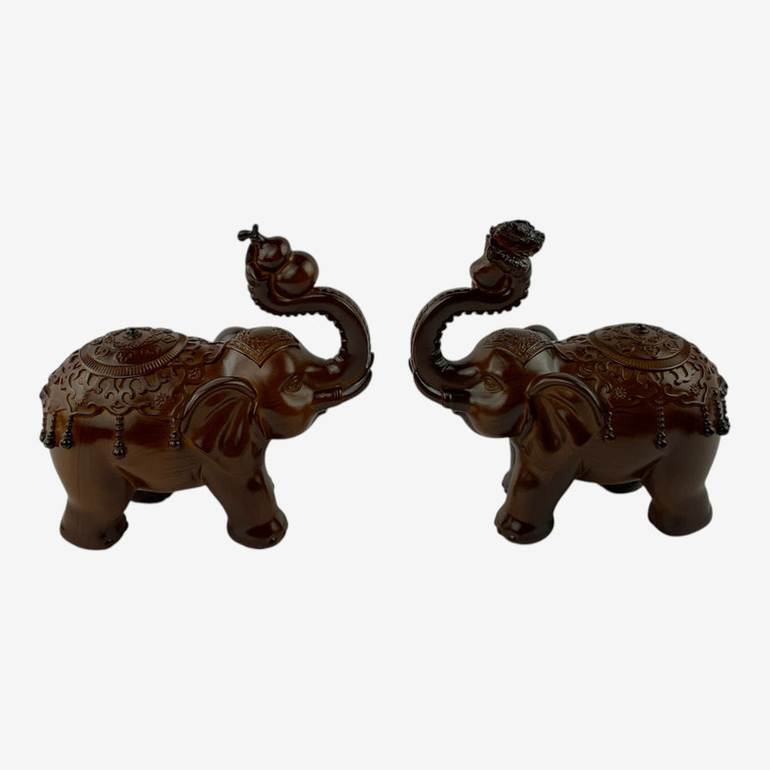 Ornate Brown Elephant Figurines — Carved Wood | Home Decor