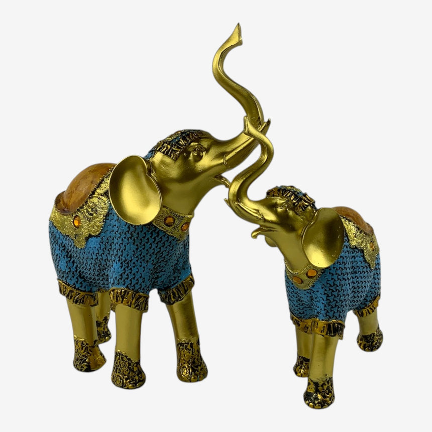 Blue & Gold Ornate Elephant Figurines, Set of 2 with Gem Accents | Home Decor