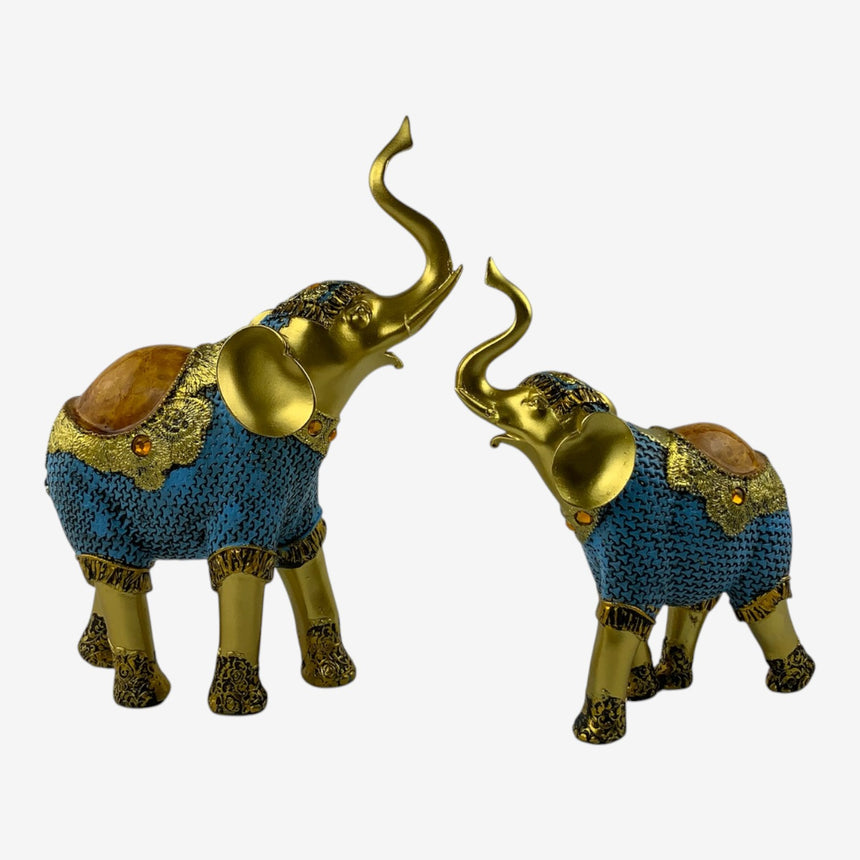 Blue & Gold Ornate Elephant Figurines, Set of 2 with Gem Accents | Home Decor