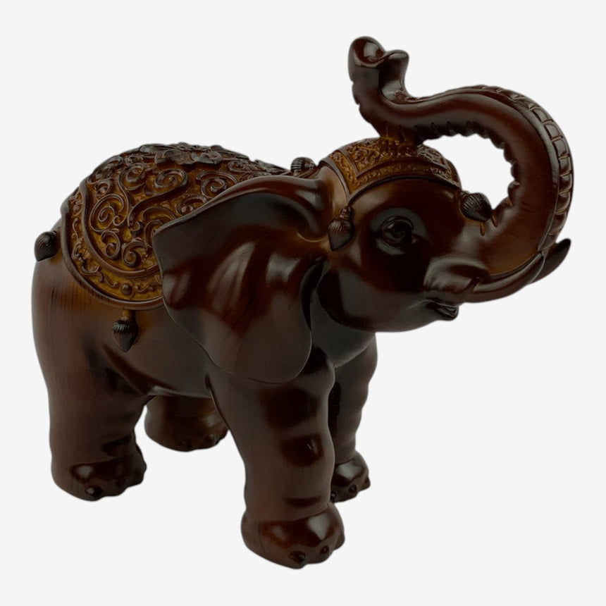 Ornate Wood Elephant Figurine with Carved Saddle | Home Decor