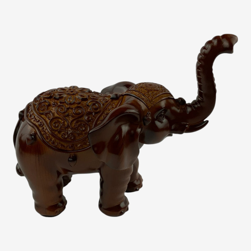 Ornate Wood Elephant Figurine with Carved Saddle | Home Decor