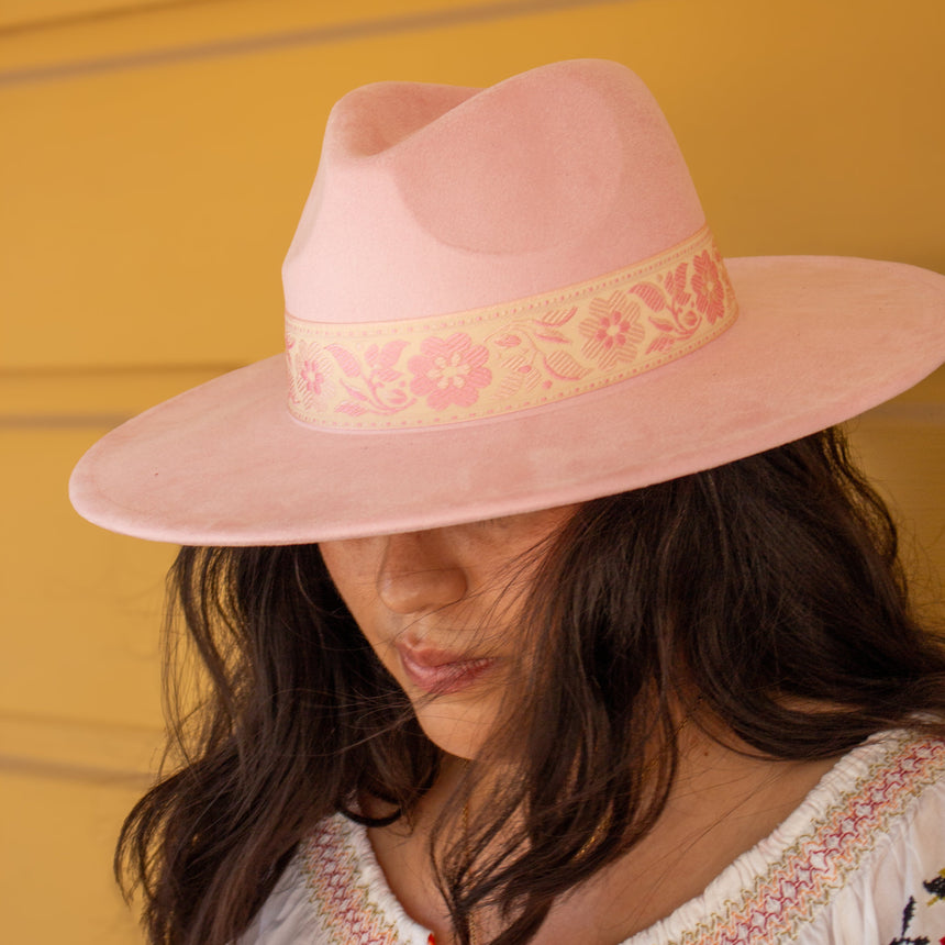 Wide-Brim Wool Felt Fedora with Embroidered Floral Ribbon, Pastel Pink | Hats
