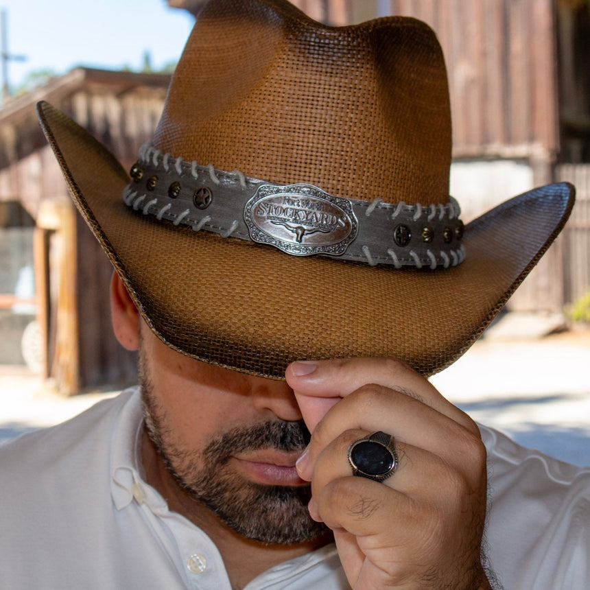 Western Cowboy Hat — Woven Straw with Concho Badge Band | Hats