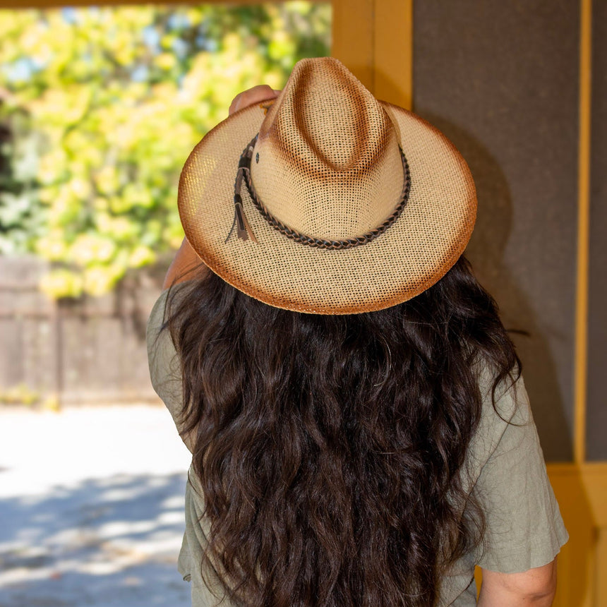 Wide-Brim Woven Straw Safari — Burnt Edge & Braided Band | Hats