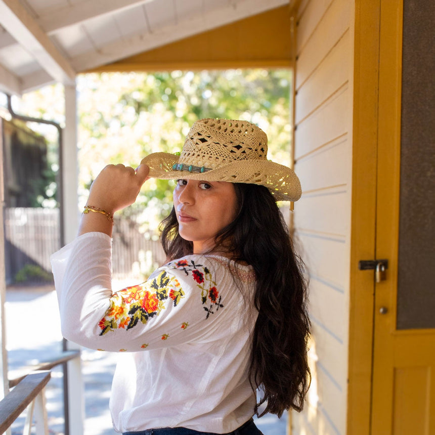 Crochet Straw Western Sun Hat w/ Turquoise Concho Band | Hats