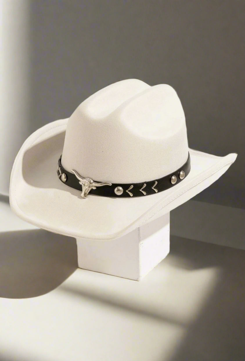 White cowboy hat with a black band featuring a star design on a white background