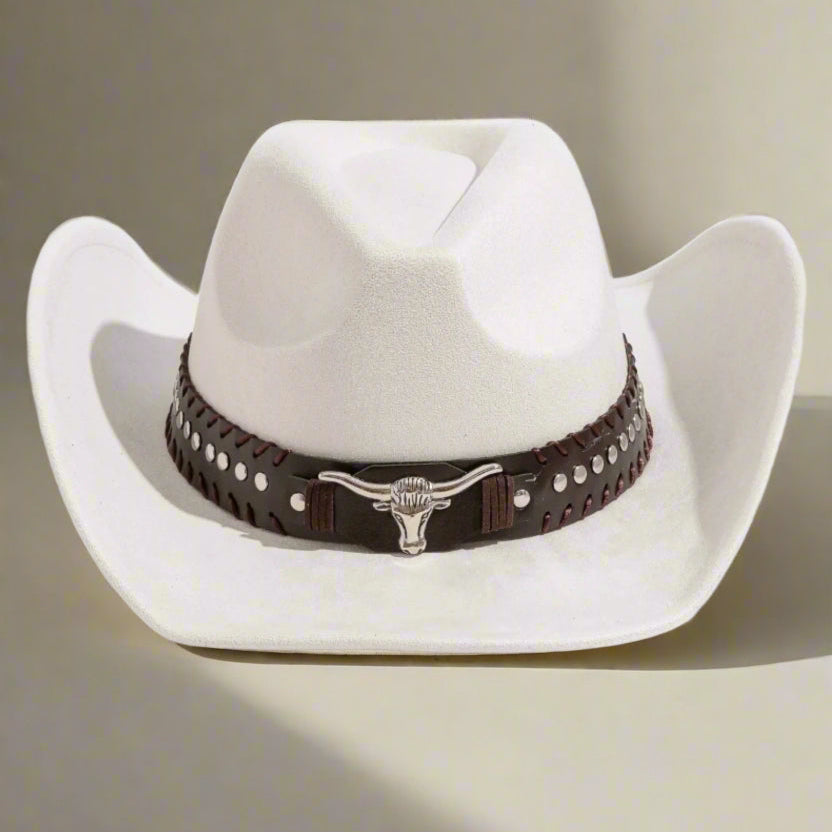 White cowboy hat with a brown leather band featuring a longhorn design on a neutral background