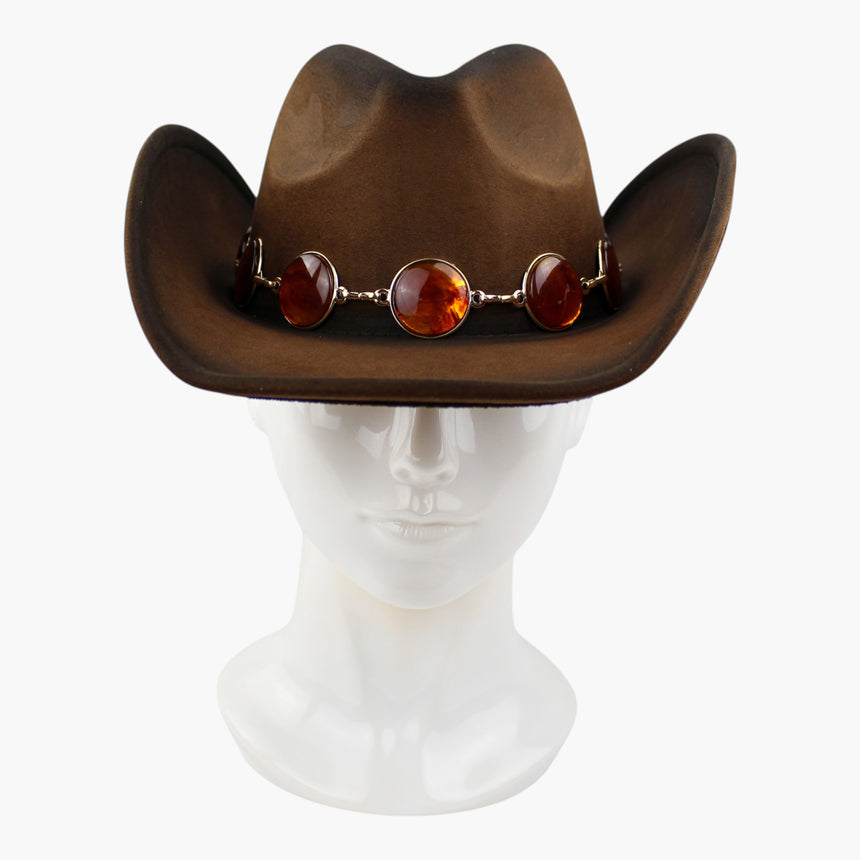 Amber-Tone Faux-Suede Western hat, front view of the Chocolate colorway showing the round cabochon row across the band