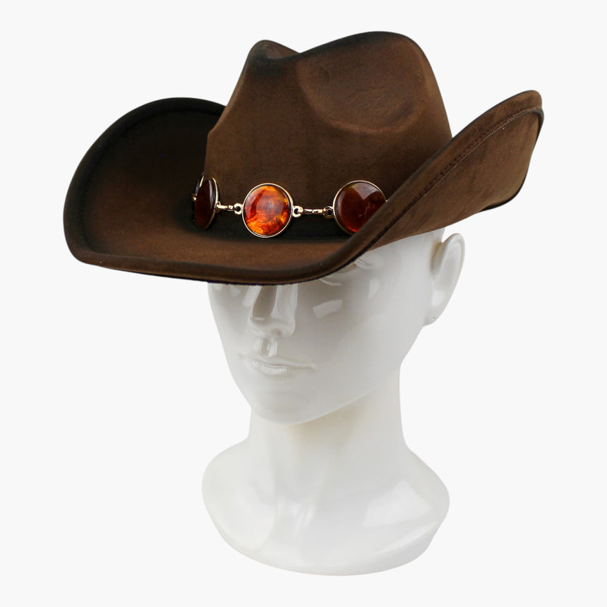 Amber-Tone Faux-Suede Western hat, Chocolate colorway at a three-quarter angle showing the bar links between the cabochons