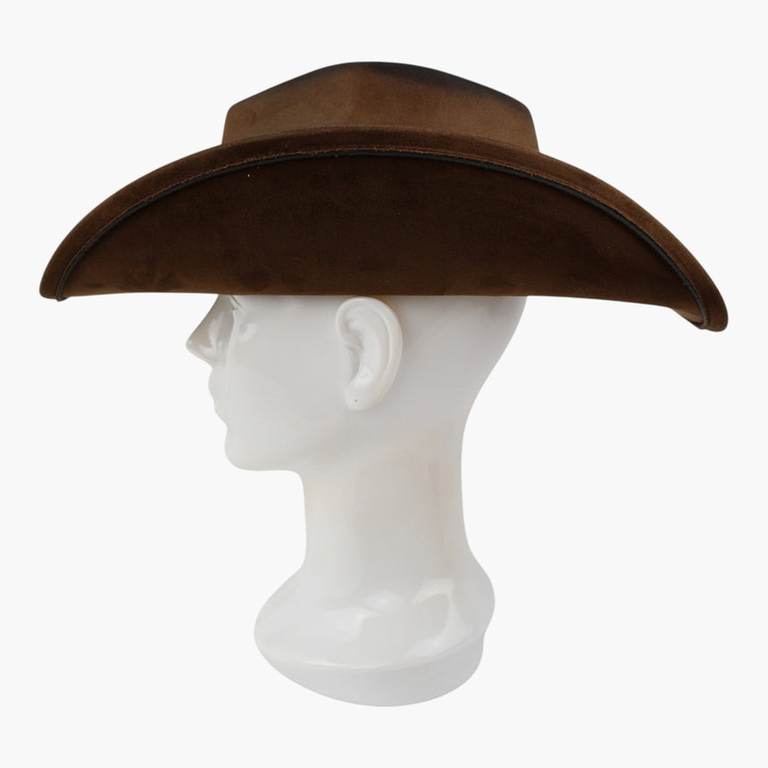 Amber-Tone Faux-Suede Western hat, Chocolate colorway in profile showing the long brim sweep and its piped edge