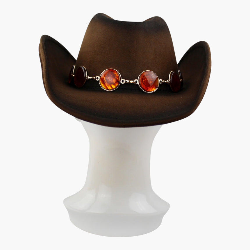 Amber-Tone Faux-Suede Western hat, front view of the Chocolate colorway showing the band sitting low against the brim break