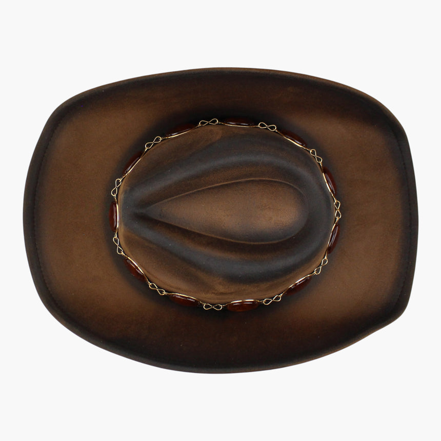 Amber-Tone Faux-Suede Western hat, Chocolate colorway seen from above showing the figure-eight links ringing the crown