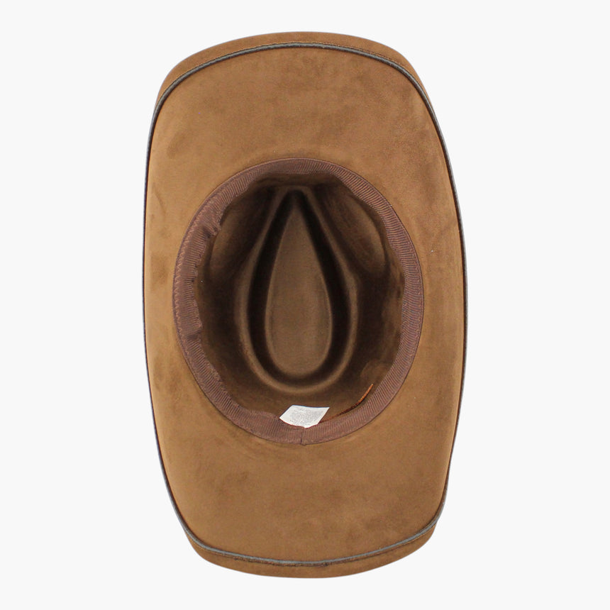 Amber-Tone Faux-Suede Western hat, underside of the Chocolate colorway showing the sweatband ring and the care label inside