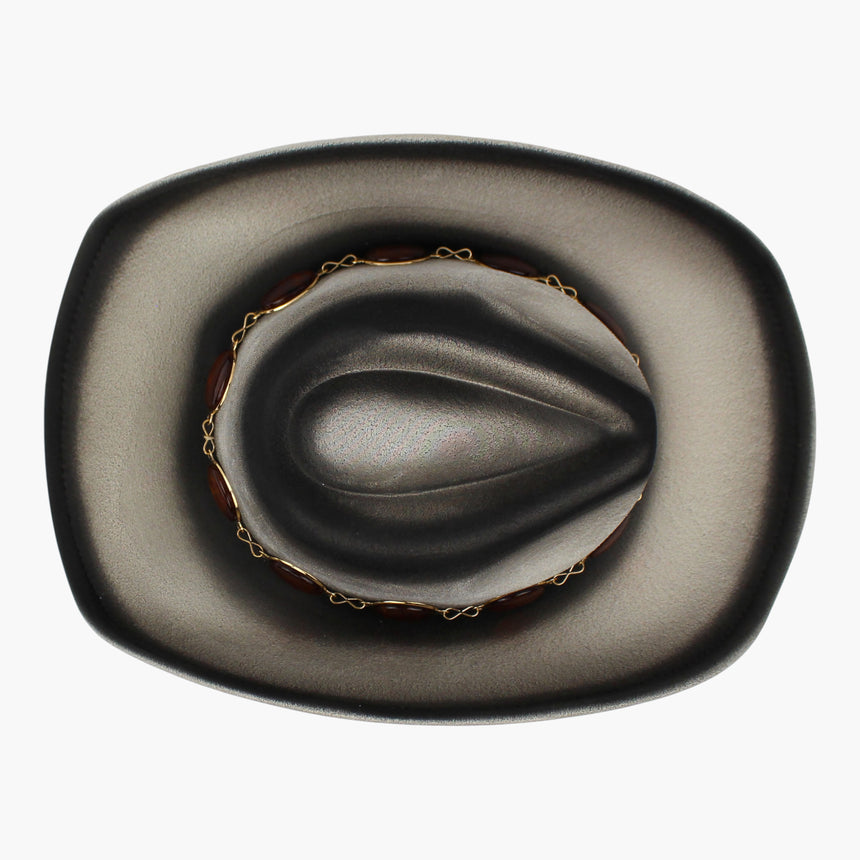 Amber-Tone Faux-Suede Western hat, Smoke colorway seen from above showing the crease and the link chain circling it