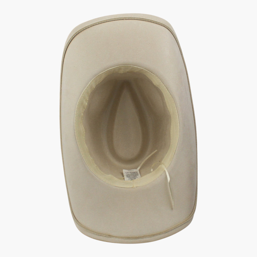 Amber-Tone Faux-Suede Western hat, underside of the Smoke colorway showing the adjuster cord ends curling inside