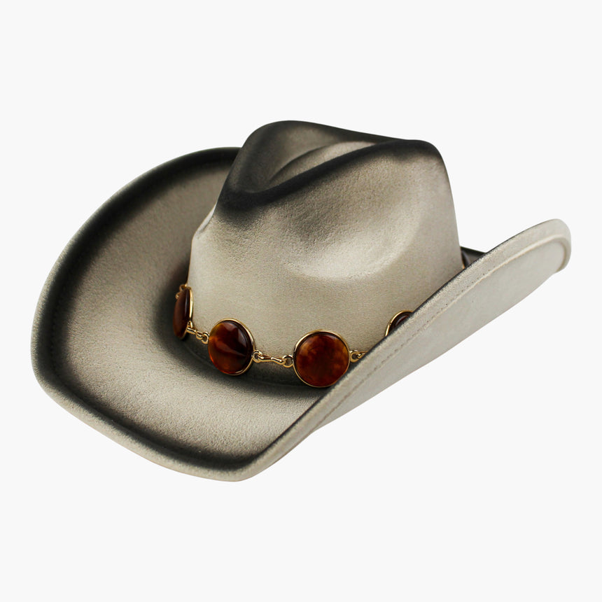 Amber-Tone Faux-Suede Western hat, Smoke colorway at a three-quarter angle showing the cabochons catching the light