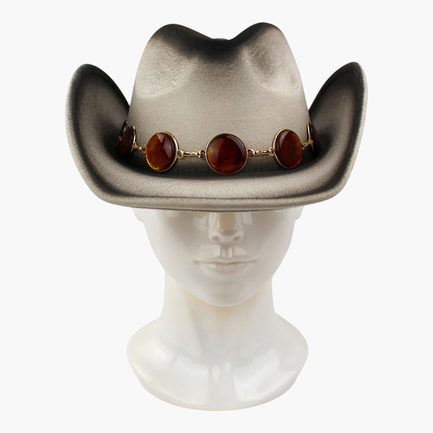 Amber-Tone Faux-Suede Western hat, front view of the Smoke colorway showing the cabochons against the pale crown