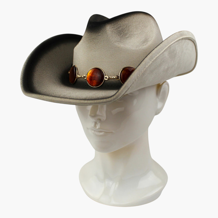 Amber-Tone Faux-Suede Western hat, Smoke colorway at a three-quarter angle showing the charcoal burnish on the brim