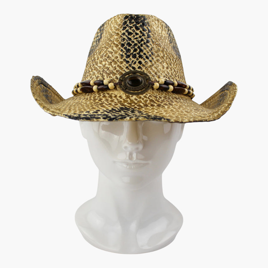 Amber-Tone Straw Western hat, front view showing the bronze-tone medallion set with an amber-tone cabochon